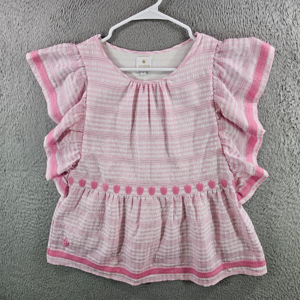 J. Marie Pink White Seersucker Flutter Sleeve Embroidered Peplum Top Small